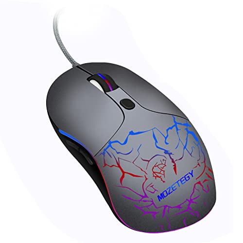 MOZETEGY RGB Gaming Mouse Wired Ergonomic Mouse USB Optical Computer Mice with Backlight Modes up to 3200 DPI for Laptop PC Computer Gamers & Work, Grey