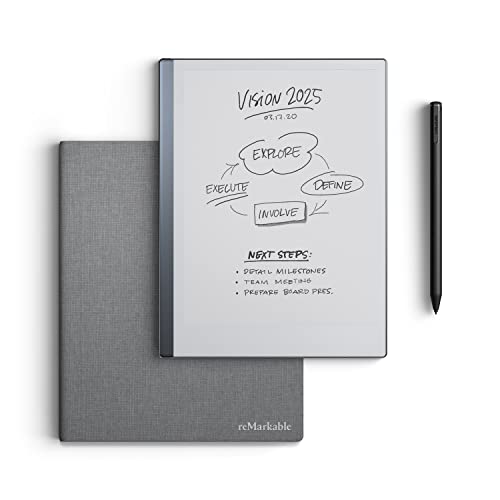reMarkable Essentials Bundle – Gray | reMarkable 2 Paper Tablet | Includes 10.3” reMarkable Tablet, Marker Plus Pen with Eraser, Book Folio Cover in Gray Weave, and 1-Year Free Connect Trial