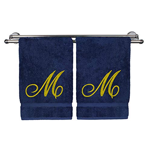 Monogrammed Hand Towel, Personalized Gift, 16 x 30 Inches - Set of 2 - Gold Embroidered Towel - Extra Absorbent 100% Turkish Cotton - Soft Terry Finish - for Bathroom, Kitchen and Spa - Script M Navy