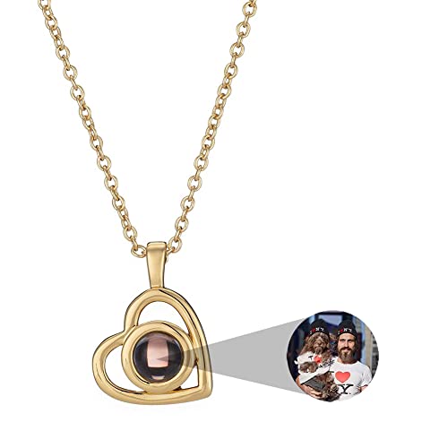 Custom Photo Necklace for Women - Personalized Picture Love Heart Projection Pendant - Customized Portrait Jewelry - Anniversary Birthday Memorial Gifts for Wife Girlfriend Mother Daughter - Gold