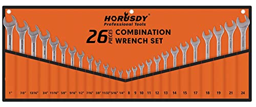 HORUSDY 26-Piece Wrench Set | Combination Wrench Set with Roll-up Pouch | SAE 1/4” - 1” and Metric 8mm - 24mm Wrench Set Metric and Standard
