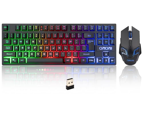 CHONCHOW Wireless Gaming Keyboard and Mouse Combo, Rechargeable 87 Key LED Light Up Keyboard Ergonomic Wireless Gaming Mouse, Backlit Wireless Gaming Mouse and Keyboard for Xbox PS4 PS4 PC Laptop