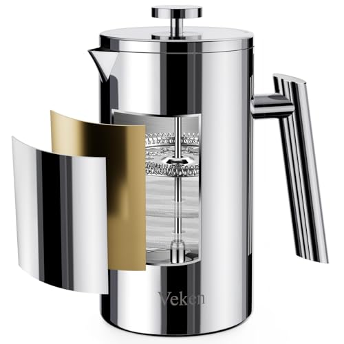 Veken French Press Plunger Coffee Tea Maker 34 Ounce 1 Liter, Double Wall Vacuum Insulated Stainless Steel Coffee Press with 4 Filter Screens for Camping Travel Gifts, Dishwasher Safe, Silver