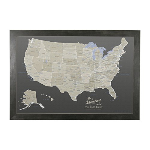 Canvas - Personalized Earth Toned USA Push Pin Travel Map with Rustic Black Frame