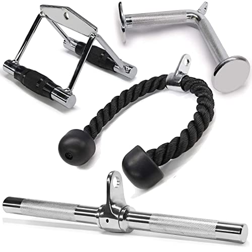 Yes4All Combo Double D Handle Cable Attachment, Tricep Rope/Tricep Pull Down Rope, Rotating Straight Bar, and V-Shaped Bar Handle