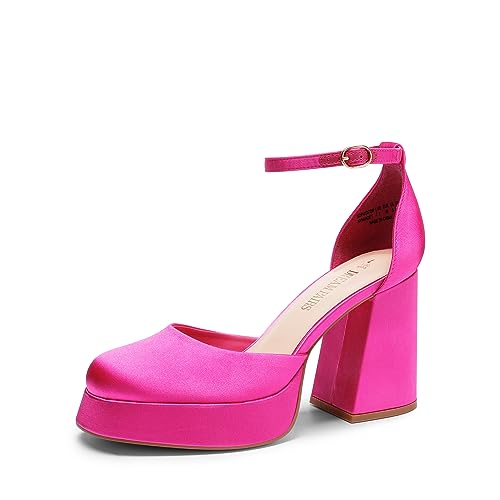 DREAM PAIRS Women's Chunky Platform High Heels Closed Toe Block Ankle Strap Dress Wedding Party Pumps Shoes,Size 8.5,HOT Pink-Satin,SDPU2372W