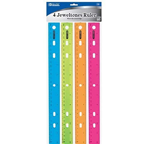 BAZIC Jeweltones Color Plastic Ruler 12' (30cm), Inches Centimeter Metric Measuring Rulers (4/Pack), 1-Pack
