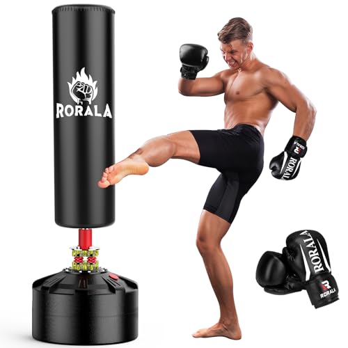 RORALA Punching Bag with Stand 70’’-203lbs, Freestanding Heavy Boxing Bag Including 12OZ Pro Gloves for Adult Youth, Men Stand Kickboxing Bags (Gray)