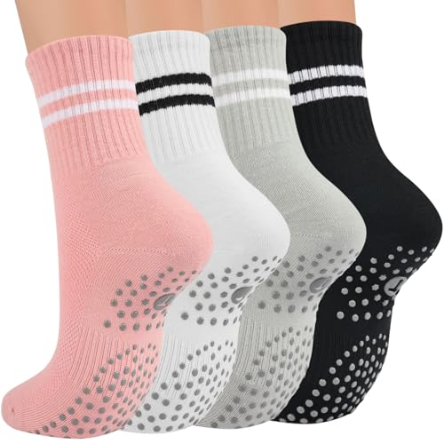 Toes Home Pilates Socks for Women with Grippers, Non Slip Yoga Crew Socks for Barre Hospital Exercise Workout Sticky Athletic Slipper Socks 4 Pairs