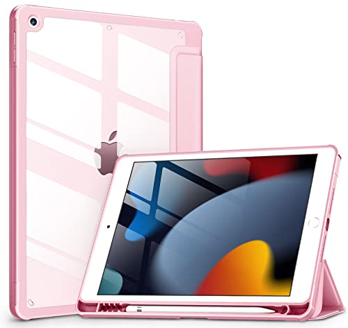 DTTOCASE Case for iPad 9th / 8th / 7th Generation 10.2 inch (2021/2020/2019 Released), Clear Back, TPU Shockproof Frame Cover[Built-in Pencil Holder,Support Auto Sleep/Wake] for ipad 10.2 - Pink
