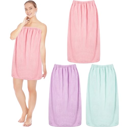 Cuffbow 3 Pcs Towel Wrap for Women Bath Spa Robe Wrap Towel with Adjustable Closure Elastic Top Velvet Shower Towel Dress(Light Green, Light Pink, Light Purple, 30 x 59 Inches)