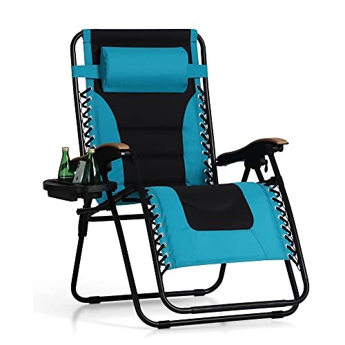 PHI VILLA XXL Oversized Padded Zero Gravity Chair, Foldable Patio Recliner, 30' Wide Seat Anti Gravity Lounger with Cup Holder, Support 400 LBS (Aqua)