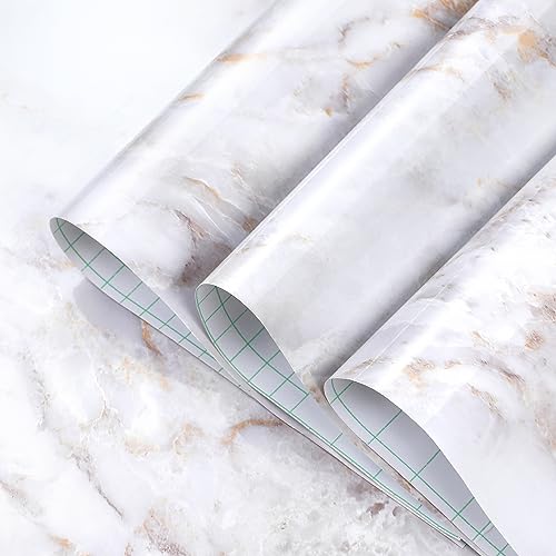 Homein Marble Contact Paper, Peel and Stick Countertops Wallpaper Waterproof Self Adhesive Wall Paper Roll for Cabinets Drawers Kitchen Old Furniture, Modern Glossy White/Gold (17.5'x78.7')