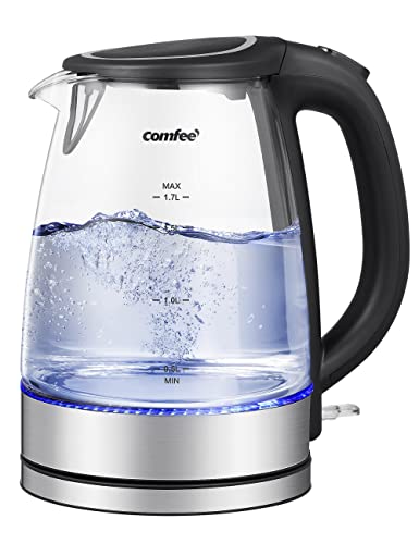 COMFEE' Glass Electric Tea Kettle & Hot Water Kettle Electric, 1.7L Electric Kettle with LED Indicator, 1500W Fast Boil, Auto Shut-Off and Boil-Dry Protection