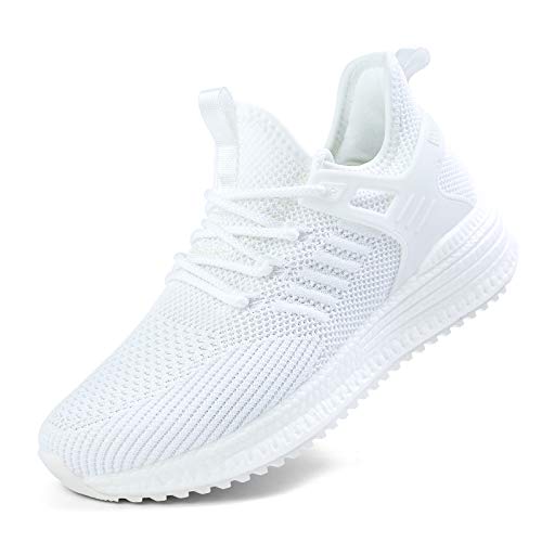 SDolphin Running Walking Shoes for Women - White Tennis Sneakers Breathable Mesh Memory Foam Lightweight Nursing Work Slip on Jogging Athletic Gym Workout Shoes White