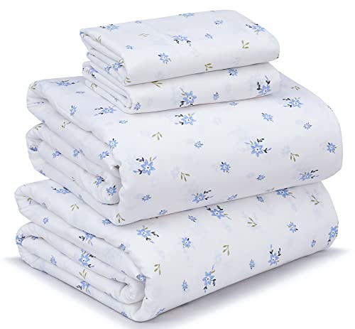 RUVANTI 100% Cotton Sheets for Queen Size Bed - Crispy Cooling Percale Sheets - Breathable & Durable Queen Sheet Set - 16 Inches Deep Pocket Queen Size Sheets - Blue Floral - 4 Pieces