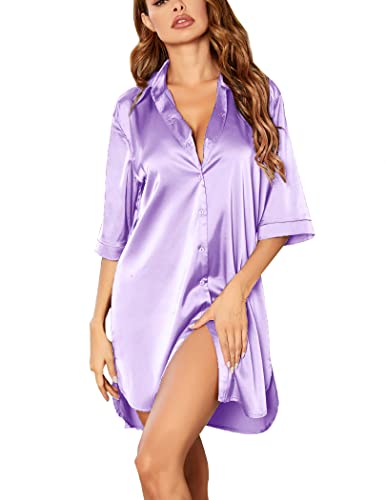 Ekouaer Silky Night gown for Women Button Down Sleepwear 3/4 Sleeve Satin Nightdress Fall Nightgowns Light Lilac M