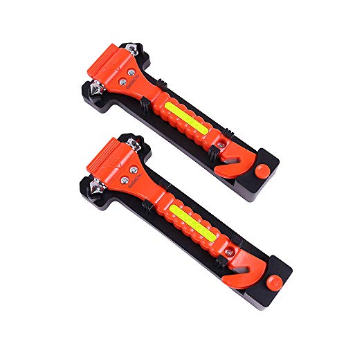 GoDeCho 2 PCS Car Safety Hammer Emergency Escape Tool with Seat Belt Cutter and Vehicle Window Glass Breaker with Light Reflective Tape Red