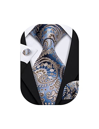 Barry.Wang Paisley Tie Set Hanky Cufflinks Woven Silk Necktie,Blue and Brown,One Size