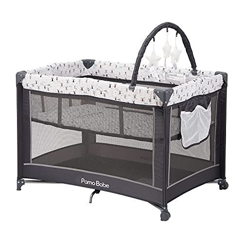 Pamo Babe Portable Playard,Sturdy Play Yard with Padded Mat and Toy bar with Soft Toys (Grey)