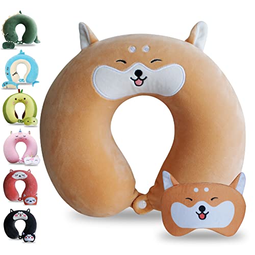 Sexysamba Cartoon Headrest & Neck Pillow for Kids Boys & Girls, Teens, Travel Accessories for Airplane, Car, Recline, Memory Foam Cute Travel Pillow with Sleep Eye Mask - Yellow Corgi