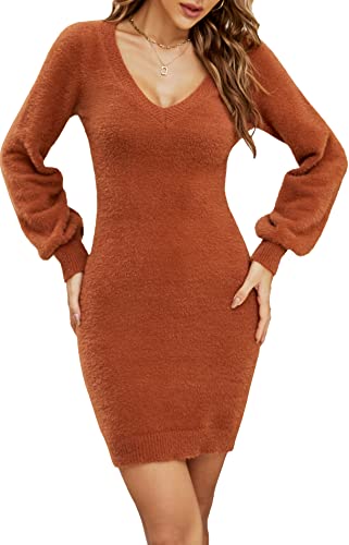 LUBOT Women Sweater Dress Sexy Deep V Neck Long Lantern Sleeve Bodycon Slim Knitted Pullover Sweater Dress Caramel M