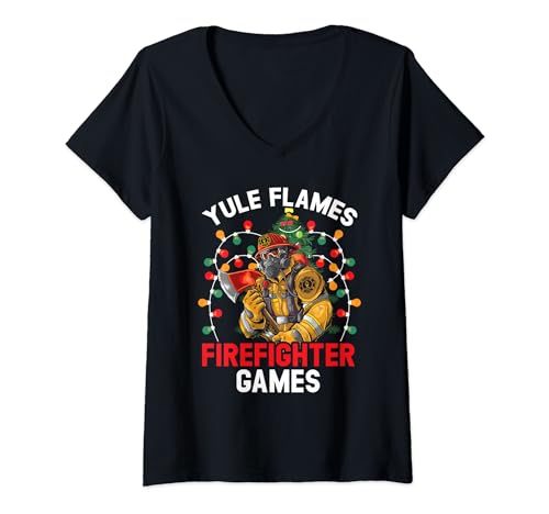 Yule Flames Firefighter Games Firefighting Christmas V-Neck T-Shirt