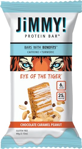 JiMMY! Protein Bar, Caramel Chocolate Nut, Eye of the Tiger, 12 Count - High Performance Energy Bar with Caffeine and Turmeric, Low Sugar, 25g of Protein, High Protein