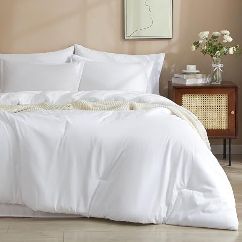 PHF 7 Pieces Queen Comforter Set, Bed in A Bag Comforter & 18' Sheet Set All Season, Ultra Soft Comfy Bedding Sets with Comforter, Sheets, Pillowcases & Shams, White
