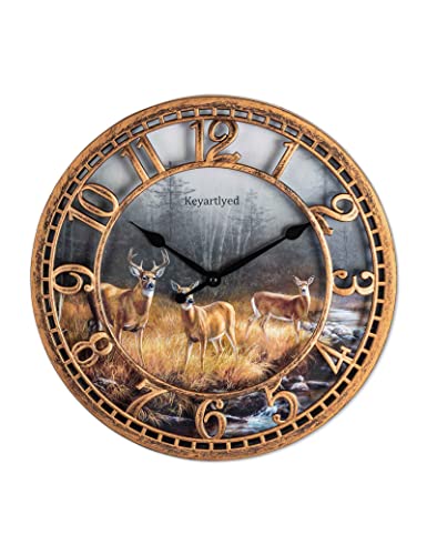 WANGIRO Round Wall Clock Farmhouse Plastic Deer Clock Battery Operated Silent Non-Ticking Rustic Clock 12 Inch for Home Kitchen Living Room Bedroom Office Decor (Antique Copper)