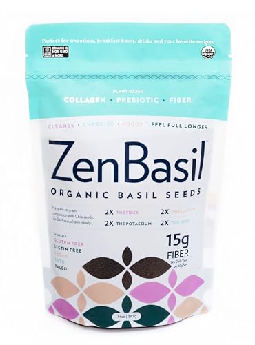 Zen Basil Seeds | Edible Basil Seeds USDA Organic, Kosher, Non-GMO, lectin Free, Gluten Free, Plant Based, Keto, Paleo, Vegan | 15g Fiber per/serv | 14oz | More Fiber Than chia Seeds | prebiotic