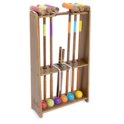 GoSports Premium Wood Stained Six Player Croquet Set with Handcrafted Wooden Stand, Medium