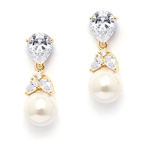 Mariell Gold Pearl Drop Bridal Earrings with CZ Crystals For Brides, Weddings, Mother's Day Jewelry Gift