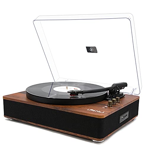 LP&NO.1 Record Player Turntable with Built-in Speakers and USB Play&Recording Belt-Driven Vintage Phonograph Record Player 3 Speed for Entertainment and Home Decoration（Mahogany Wood）