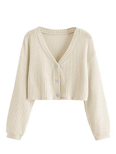 SweatyRocks Women's Long Sleeve Plaid Button Front V Neck Soft Knit Cardigan Sweaters Beige S