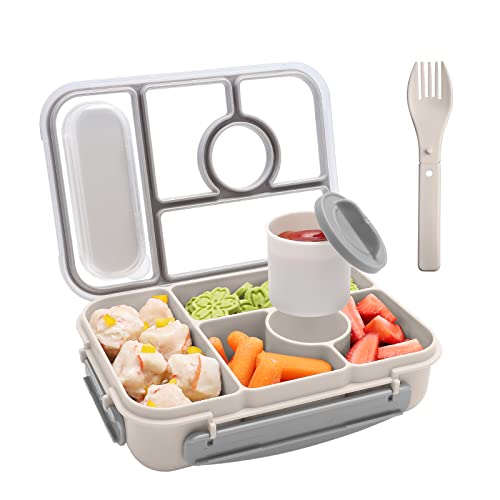 Amathley Bento box adult lunch box,lunch box kids,lunch containers for Adults/Kids/Toddler,5 Compartments bento Lunch box for kids with Sauce Vontainers,Microwave & Dishwasher & Freezer Safe(White)