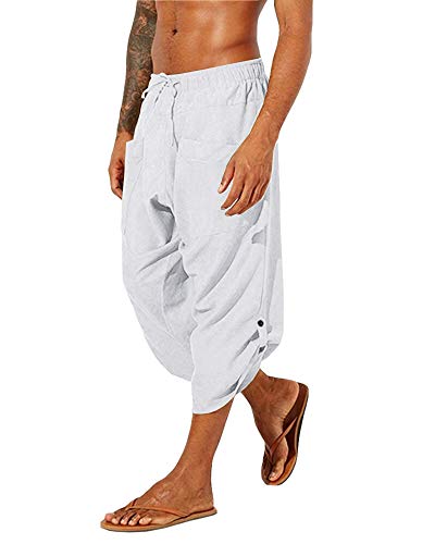 Gafeng Mens Linen Harem Capri Pants Drawstring 3/4 Shorts Casual Beach Yoga Hippie Thai Pants