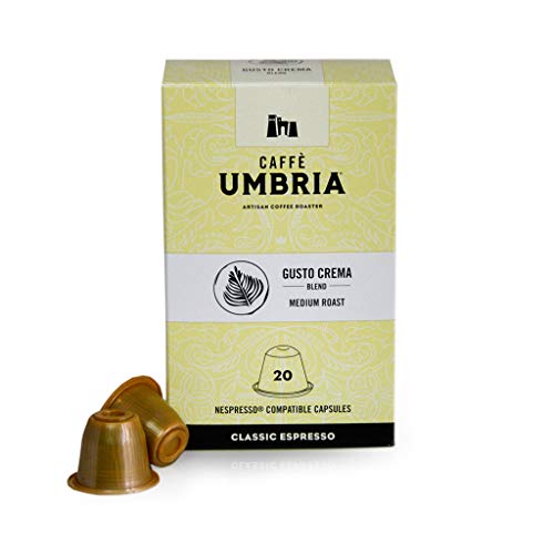 Caffe Umbria, Gusto Crema Blend, Nespresso compatible pods, Medium Brend, Box of 20