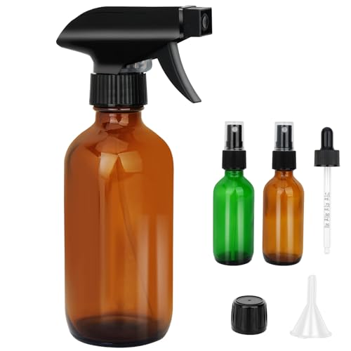 Hachacha Amber Glass Spray Bottles - 8.4oz Refillable Bottle for Essential Oils, Plants, Cleaning Solutions, Hair Mister, Adjustable Nozzle with Glass Misters 2oz per Unit, Funnel, Dropper