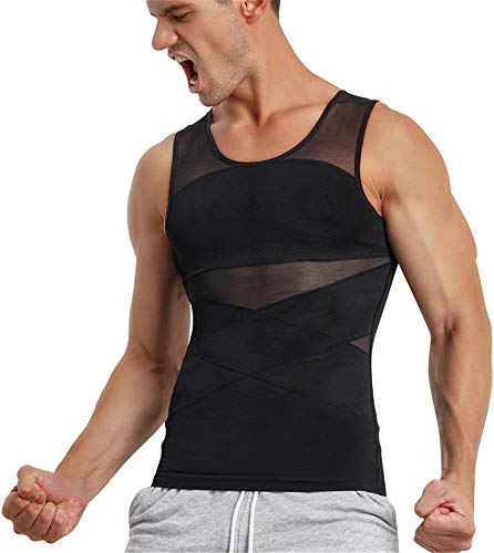 TAILONG Men's Compression Shirt for Body Shaper Slimming Vest Tight Tummy Underwear Tank Top (Black, Large)