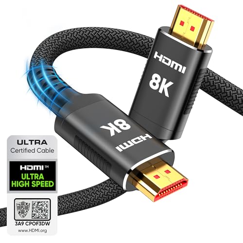 Snowkids 10K 8K HDMI 2.1 Cable 10 ft, Certified Ultra High Speed HDMI Cable 10 ft 48Gbps 3D 8K60 4K120 144Hz Braided HDMI Cord eARC HDR10 HDCP 2.2&2.3 Compatible with Roku TV/PS5/HDTV/Blu-ray Black