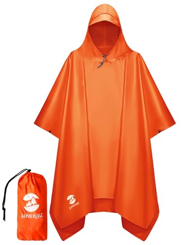 SaphiRose Hooded Rain Poncho Waterproof Raincoat Jacket for Men Women Adults (Orange)