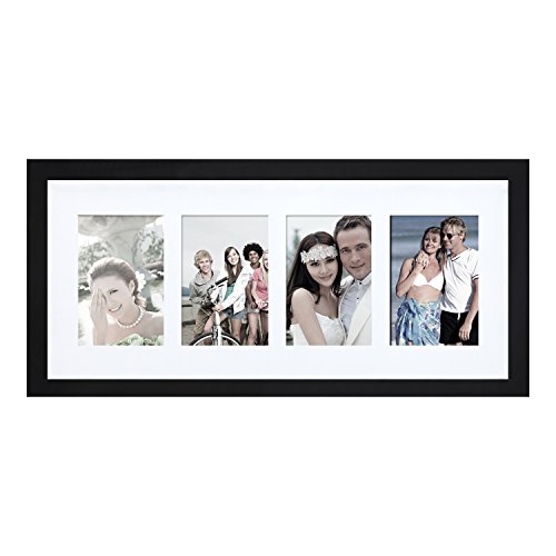 Adeco 4 Openings Decorative Black Wood Wall Hanging Collage Picture Photo Frame with White Mat - Made to Display Four 3.5x5 Photos