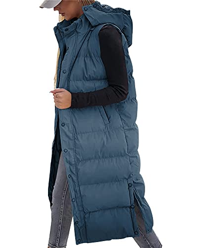 Grlasen Women's long Quilted Vest hooded sleeveless Button Down puff vest cotton padded jacket winter coat