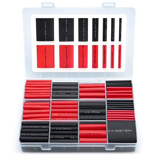 Wirefy Heat Shrink Tubing Kit - Larger Diameter - 3:1 Dual Wall Tube - Adhesive Lined - Marine Shrink Tubing - Black, Red 200 PCS
