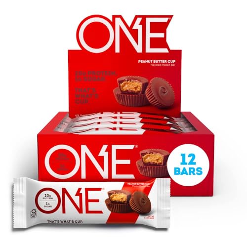 ONE Protein Bars, Peanut Butter Cup, Gluten Free Protein Bar with 20g Protein and only 1g Sugar, Snacking for High Protein Diets, 2.12 Ounce (12 Count)