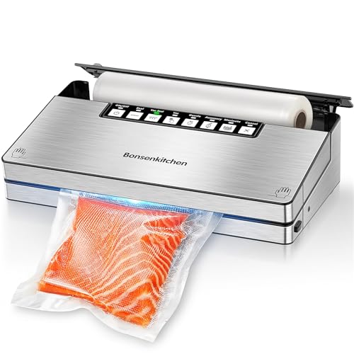 Bonsenkitchen Vacuum Sealer Machine, Stainless Steel Vacuum Food Sealer with 8-in-1 Vacuum Sealing System, 6 Food Vacuum Modes, Built-in Cutter and Bag Storage w/Starter Kit