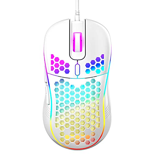 Honeycomb Wired Gaming Mouse, RGB Backlight and 7200 Adjustable DPI, Ergonomic and Lightweight USB Computer Mouse with High Precision Sensor for Windows PC & Laptop Gamers (Ceramic White)