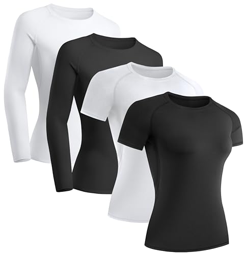 TELALEO 4 Pack Women's Compression Shirt Long/Short Sleeve Performance Workout Baselayer Athletic Top Gym Sports Gear-2Black/2White Small