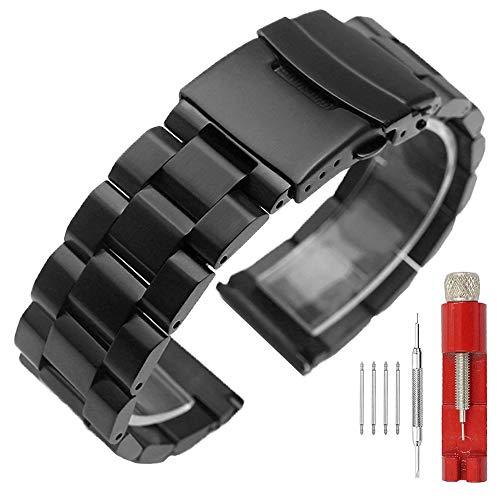 SINAIKE 22mm Black Matte Wrist Band Stainless Steel Replacement Watch Band with Push Button Safety Buckle